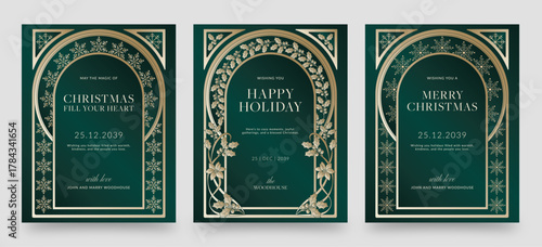 Christmas Flyer, Flier, Invitation & Poster Template in Green & Gold Luxury, with Elegant, Vintage Retr & Ornate Xmas Border Frame for Merry Christmas & Happy Holidays Invites, Announcements & Banners