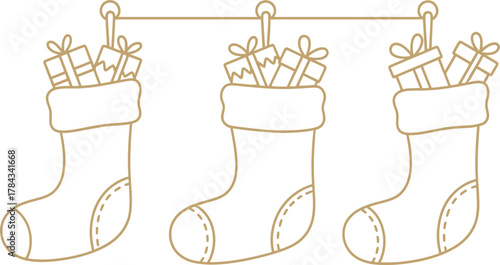 Christmas Stockings Filled With Gifts Line Art