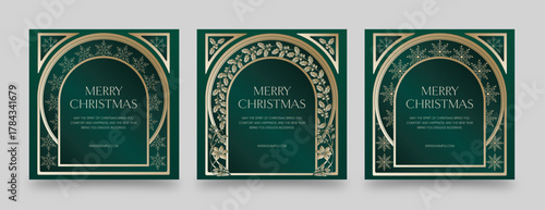 Christmas Flyer, Flier, Invitation & Poster Template in Green & Gold Luxury, with Elegant, Vintage Retr & Ornate Xmas Border Frame for Merry Christmas & Happy Holidays Invites, Announcements & Banners