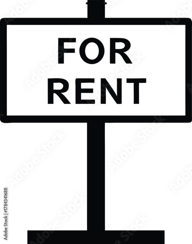 Flat vector icon of a “FOR RENT” sign on a post, black outline, professional real estate listing symbol.