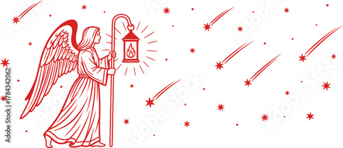 Angel holding lantern with falling stars