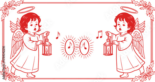 Festive Angels Singing with Lanterns and Holly Border