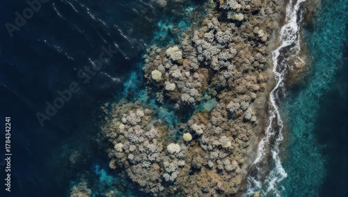 Fototapeta Naklejka Na Ścianę i Meble -  Aerial view reveals a vibrant coral reef emerging from deep blue waters