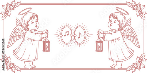 Christmas Angels Singing with Lanterns and Music Notes Border