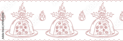 Christmas Pudding Border Seamless Pattern with Holly and Flames