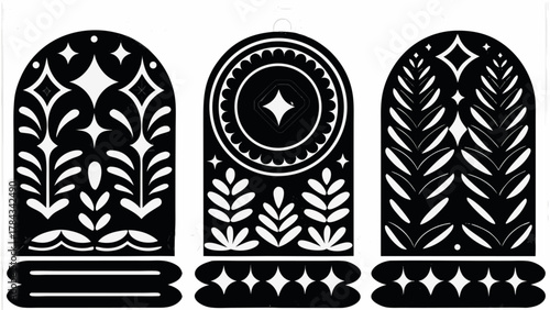 Elegant black and white folk art design elements for invitations and holiday cards with floral motifs