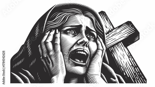 Distressed woman cries out in despair near a wooden cross, evoking grief, faith, and emotional turmoil