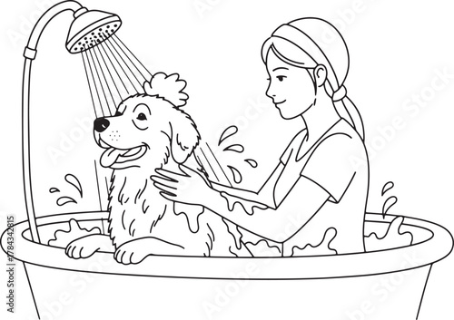 Woman bathing a happy dog in a clawfoot bathtub with a showerhead