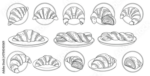 Hand drawn sketch of croissants and pastries on plates perfect for bakery or cafe designs