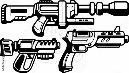 Futuristic weapons set for sci-fi game design, sleek blaster pistols and rifles for action adventures