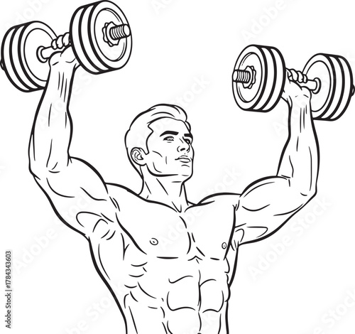 Man performing dumbbell shoulder press exercise line art
