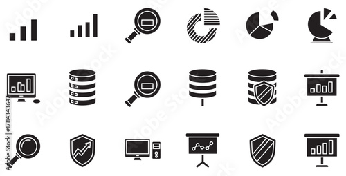 Black and white data analysis icons representing business intelligence and data security