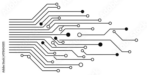 Abstract circuit board design with black and white nodes representing technology and data flow