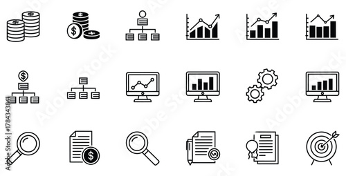 Business and finance icons representing data analysis strategy and financial growth