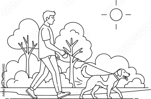 Couple walking a dog on a sunny day with trees and clouds