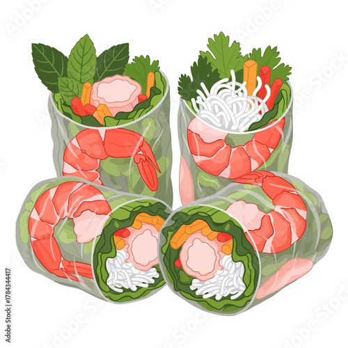 Fresh Vietnamese spring rolls with shrimp, vermicelli, and vegetables, a healthy and delicious Asian appetizer.