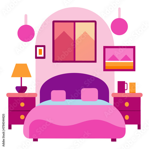 Bedroom interior with window and a large bed nightstand with the lamp and vase. Textured wallpaper with pictures on the wall vector on white background.