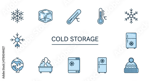 Collection of minimalistic cold storage icons and pictograms, including snowflakes, ice cubes, thermometers, refrigerators, a melting globe, and a winter hat, presented on a white background for web