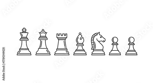Collection of Outline Chess Icons: King, Queen, Rook, Bishop, Knight, and Pawns. Editable stroke vector illustration, perfect for infographics, articles, books, flyers, and banners, presented on a