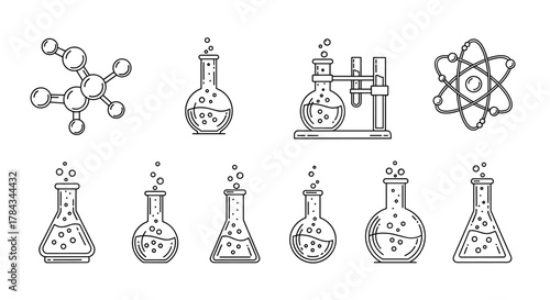 Modern line icon set representing chemistry and science, featuring a chemical compound, laboratory flasks with bubbles, an atom model, and various beakers, perfect for design, websites, apps, and