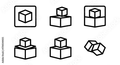 Set of six cube icons in outline style, presented in various arrangements including single cubes within frames, stacked cubes, and scattered cubes, ideal for graphic design, web, apps, and