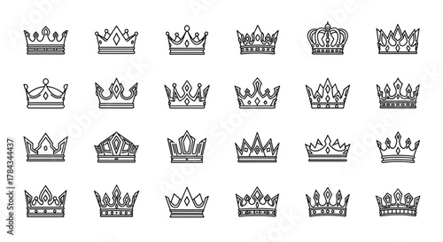 Collection of diverse crown line art icons, perfect for royalty, leadership, and achievement themes. This vector set features various crown designs, from classic regal styles to modern