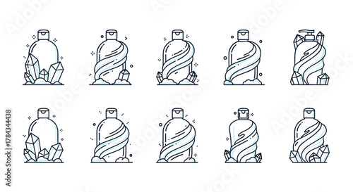 Collection of stylized outline icons depicting bottles of conditioner or lotion, some adorned with swirling ice or snow effects and surrounded by crystalline ice formations, representing natural