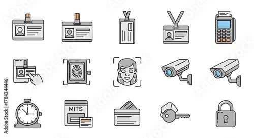 Collection of vector cartoon illustrations related to employee ID badges, featuring various access control elements like security cameras, fingerprint scanners, facial recognition, time clocks, keys