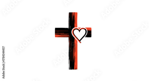 Symbolic Christian Cross with a Heart Overlay, Representing Faith, Love, and Compassion, Rendered with a Textured Brushstroke Effect in Red and Black, Ideal for Religious Themes and Spiritual Graphics