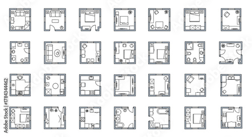 Collection of simple linear floor plan outlines for various rooms, including living rooms, bedrooms, and bathrooms, presented in a cartoon illustration style with editable strokes, suitable for web