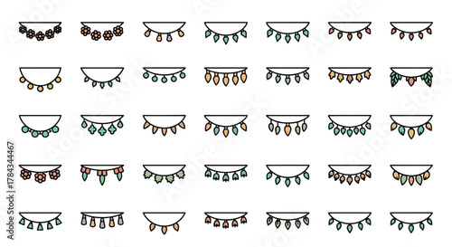 Set of 30 thin line icons representing various garlands, including floral, leaf, and geometric designs, suitable for web, books, cards, and apps. This vector cartoon illustration features an editable