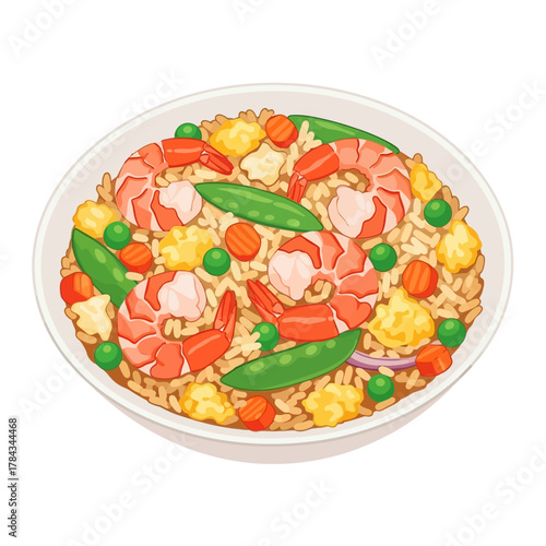 A delicious bowl of shrimp fried rice with peas, carrots, and corn, a popular Asian dish.