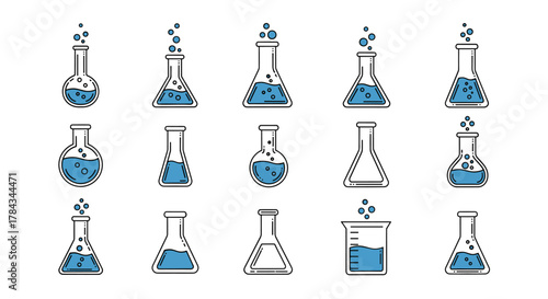 Collection of fifteen flat line icons representing various laboratory flasks and beakers filled with blue liquid and bubbles, isolated on a white background. This versatile vector graphic pack is