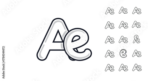 Vector cartoon illustration of the letter A and E monogram logo design, presented as an ordered set of line icons on a clean white background, showcasing a playful and modern aesthetic suitable for