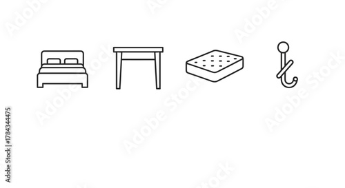 A minimalist line art vector icon set featuring essential bedroom and home furnishings, including a comfortable bed, a functional table, a plush mattress, and a convenient coat hook, perfect for