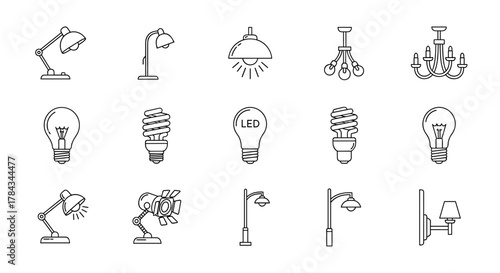 A comprehensive collection of minimalistic linear icons representing various types of lamps, chandeliers, and light bulbs, including desk lamps, floor lamps, pendant lights, traditional incandescent