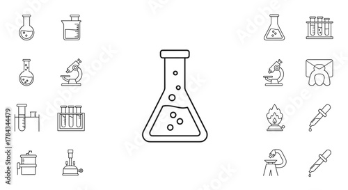 Set of minimalistic line icons representing laboratory equipment and scientific research, including flasks, beakers, test tubes, microscopes, a Bunsen burner, and droppers, perfect for web design