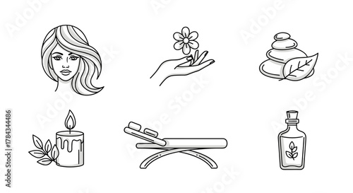 Collection of line art icons representing beauty and spa treatments, including a woman's face, a hand holding a flower, stacked stones with a leaf, a burning candle with leaves, a massage bed, and a