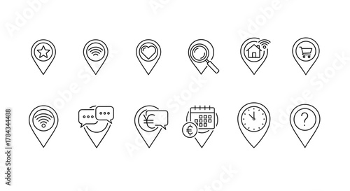 Collection of minimalistic linear map pin icons, featuring a star, Wi-Fi signal, heart, magnifying glass, house with Wi-Fi, shopping cart, chat bubbles, euro symbol, calendar with euro, clock, and