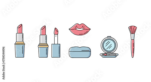 Set of minimalistic linear icons representing makeup essentials including lipsticks, lip gloss, compact powder, and a makeup brush, designed for web and graphic design applications, social networks