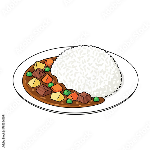 Illustration of a plate of Japanese curry rice with meat, potatoes, carrots, and peas.