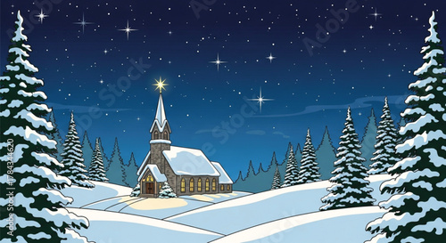 Snowy church scene with christmas star shining brightly in the winter night
