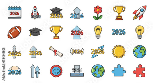 Set of 2026-themed vector cartoon illustrations on a white background, featuring icons for graduation, rockets, trophies, lightbulbs, football, calendars, flowers, sun, earth, puzzles, and