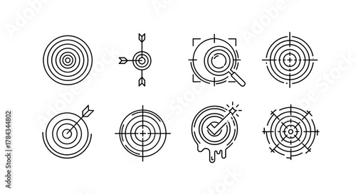 Set of eight target and bullseye icons with arrows, a magnifying glass, and a checkmark, representing focus, accuracy, and achievement. Clean line art vector illustrations on a white background