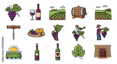 Collection of stylized vector illustrations representing various aspects of winemaking and viticulture, including ripe grapes, wine bottles, a glass of wine, a corkscrew, cheese, a vineyard