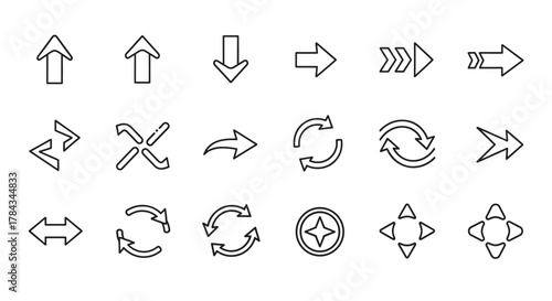 Set of line vector arrow icons with editable stroke, isolated on a white background. Includes various arrow types like up, down, left, right, curved, circular, double-headed, and directional