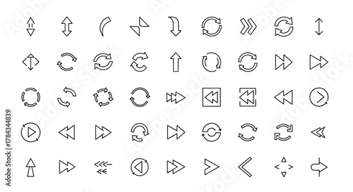 Collection of diverse arrow and circular arrow line icons, featuring outline signs for graphic and web design, apps, advertisements, and various cards, presented as a vector cartoon illustration with