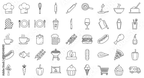 A comprehensive collection of 40 diverse line icons representing kitchenware, food items, and barbeque essentials, perfect for graphic and web design, app development, advertisements, and various