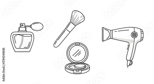 Simple linear illustrations of beauty essentials including a perfume bottle with a sprayer, a makeup brush, a compact powder with mirror, and a hairdryer, perfect for graphic design, app icons, and