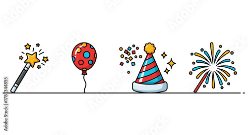 Vibrant Celebration Icon Set: A collection of festive graphics including a magic wand, a polka-dot balloon, a striped holiday hat with confetti, and a bursting firework, perfect for designing cards